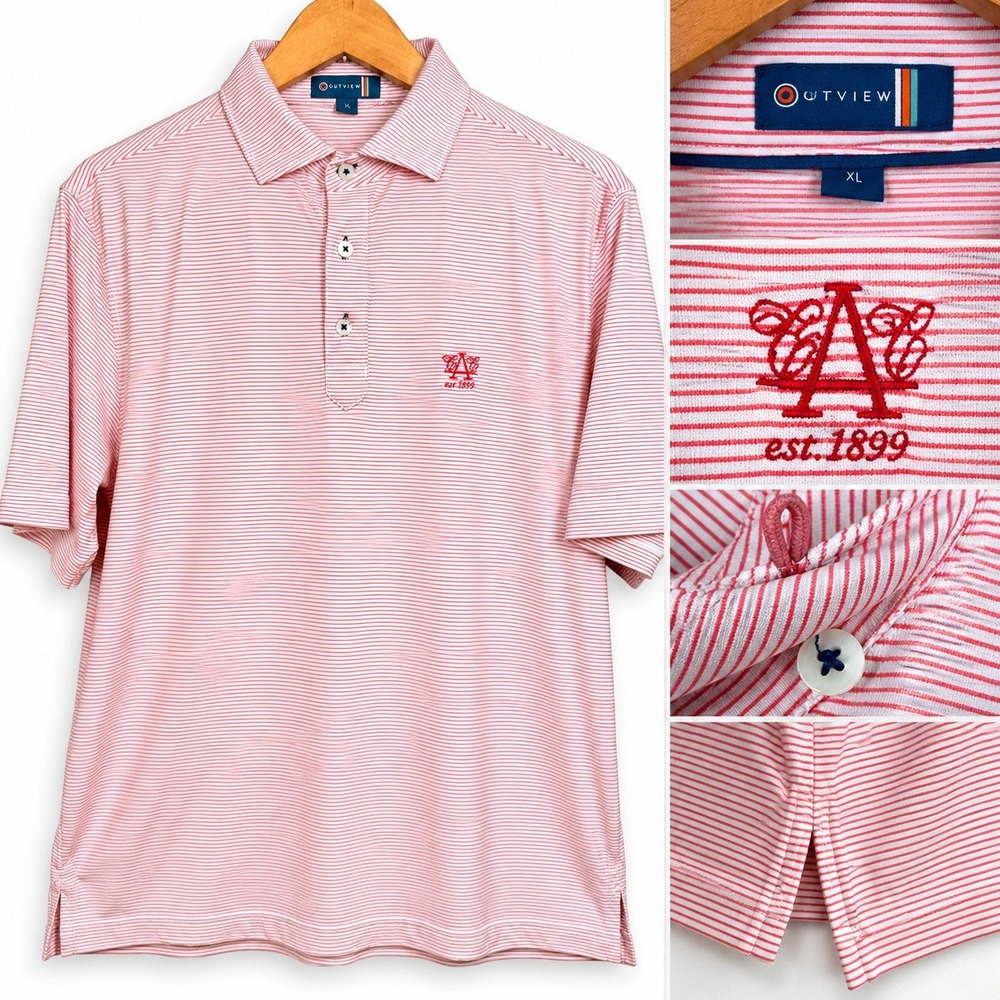 STITCH Golf performance Austin C Club Mens Polo Shirt Red & White Stripe Size ML - Picture 1 of 13